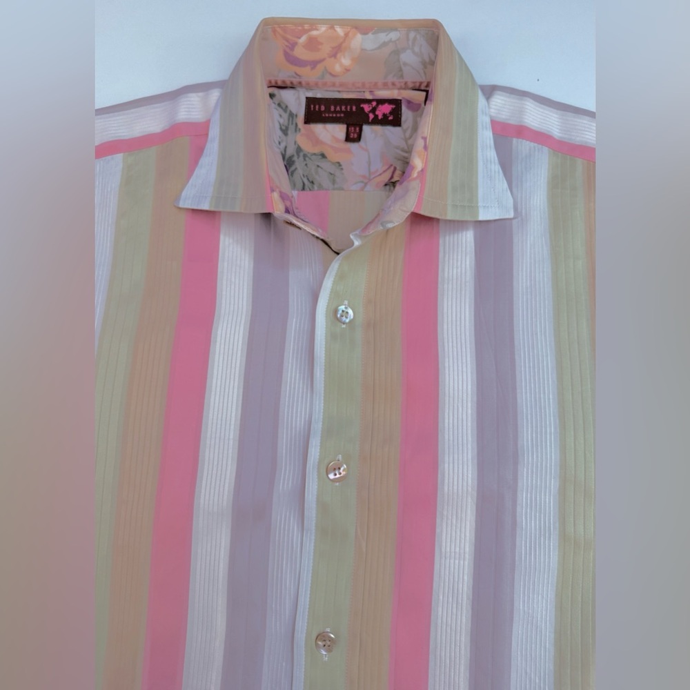 TED BAKER LONDON Mens 15.5/39 Flip Cuff Striped French Cuff Pearl Buttons Sheen - Picture 6 of 14
